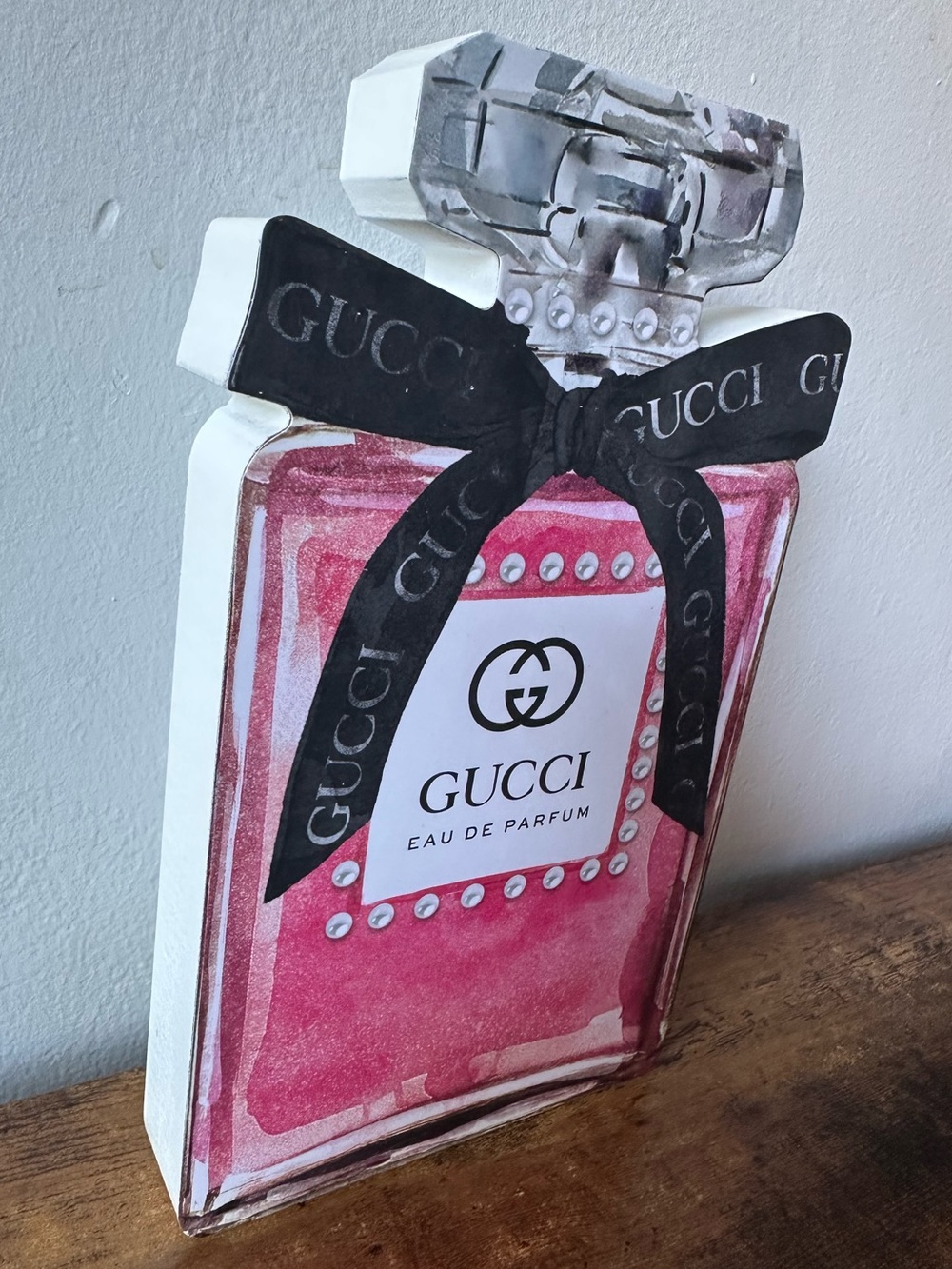 Luxury Perfume Bottle Home Decor Pink with Black Bow Design Wooden Decoration - Picture 3 of 5